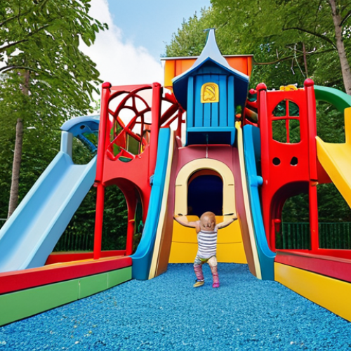 **A vibrant Tåtippo-themed playground:** Focus on colorful train tracks, tunnels, and a climbing frame shaped like Tåtippo. Children are playing and interacting with the structures. The overall feel is joyful and imaginative. Think of a Swedish "lekpark" with a railway twist.