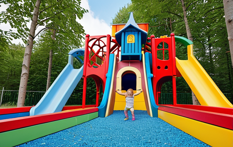 **A vibrant Tåtippo-themed playground:** Focus on colorful train tracks, tunnels, and a climbing frame shaped like Tåtippo. Children are playing and interacting with the structures. The overall feel is joyful and imaginative. Think of a Swedish "lekpark" with a railway twist.