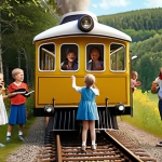 **A vibrant and heartwarming scene depicting children singing along to a Tittipo Train song, focusing on themes of friendship and collaboration, set against a backdrop reminiscent of a Swedish countryside.**