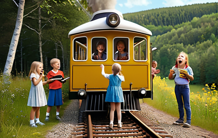 **A vibrant and heartwarming scene depicting children singing along to a Tittipo Train song, focusing on themes of friendship and collaboration, set against a backdrop reminiscent of a Swedish countryside.**