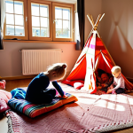 A vibrant playroom scene in a Swedish home, filled with children building a fort using blankets, pillows, and chairs. Sunlight streams through the window, illuminating happy, engaged faces.