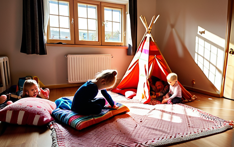 A vibrant playroom scene in a Swedish home, filled with children building a fort using blankets, pillows, and chairs. Sunlight streams through the window, illuminating happy, engaged faces.
